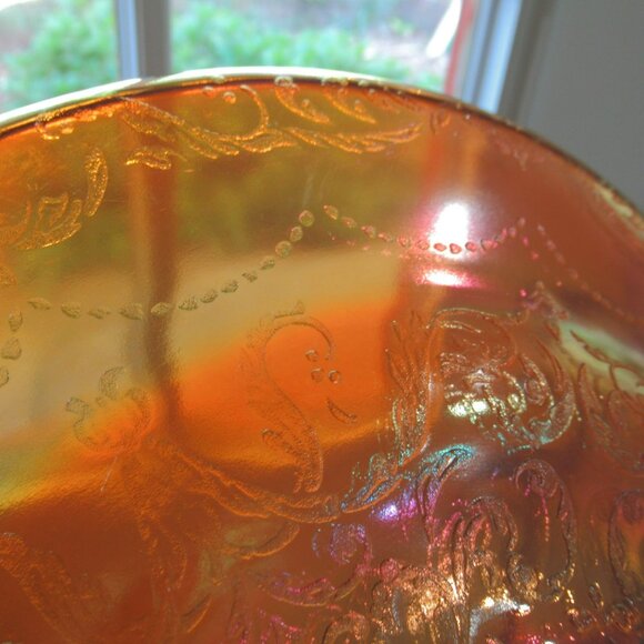 Federal Glass Madrid Marigold Carnival Glass 11" Console Bowl Embossed Floral - Picture 11 of 12